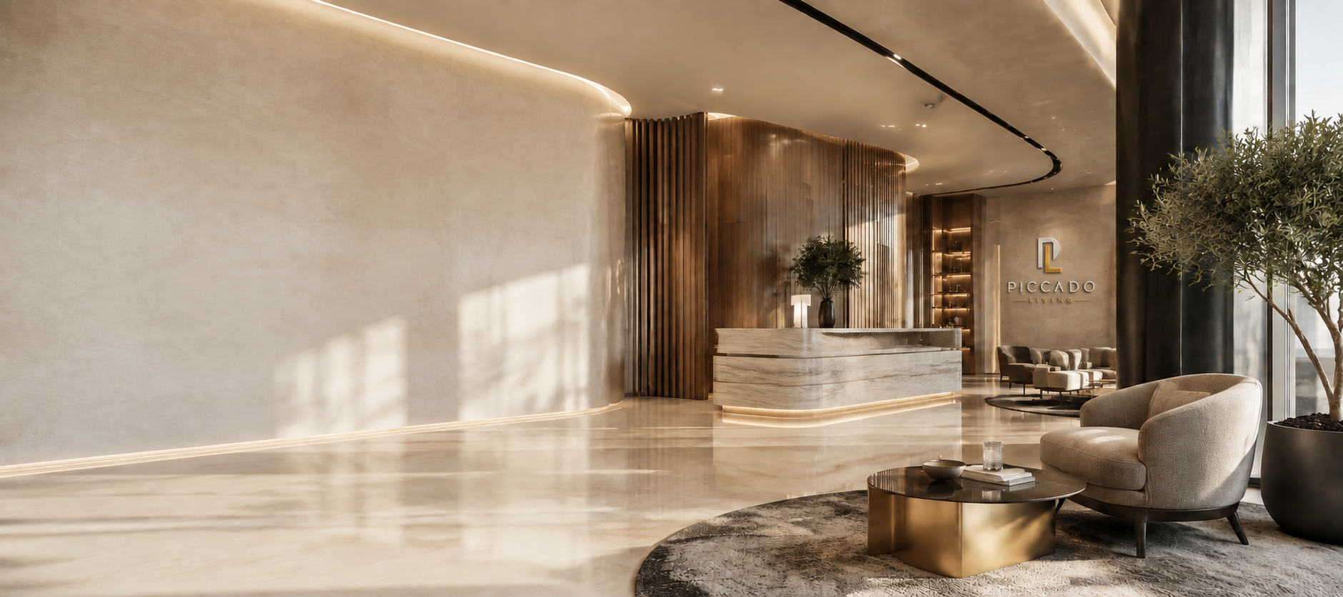 Piccado Living reception interior with the company logo installed on the right wall