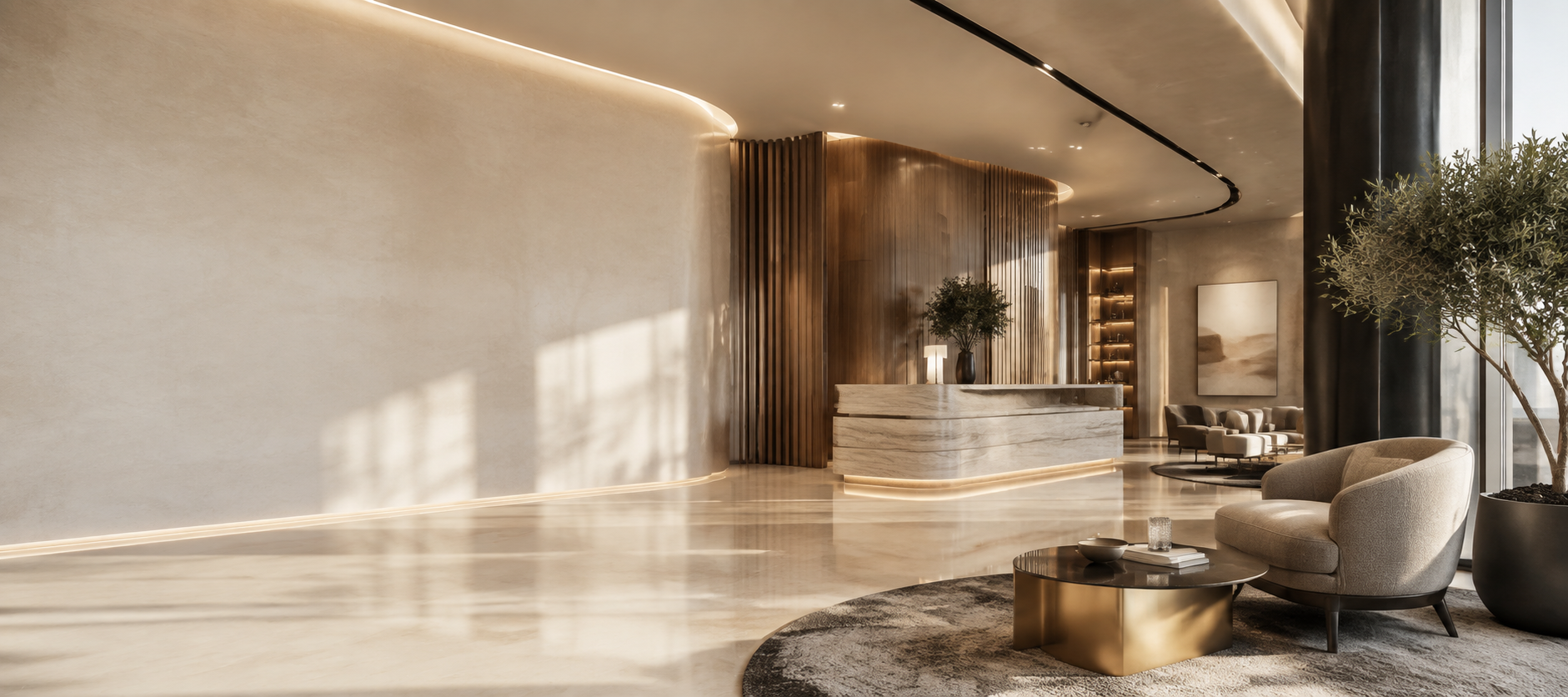 Premium contemporary interior designed in warm ivory, walnut and gold